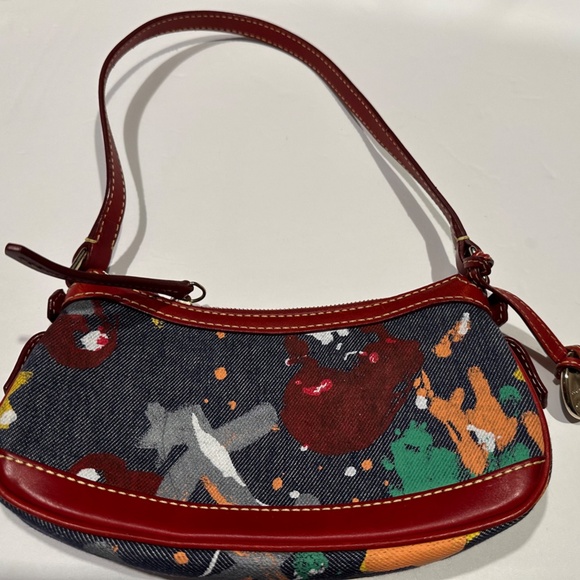 Dooney & Bourke Vintage Denim Paint Splatter Mini Shoulder Bag Red Leather Trim - Picture 2 of 14